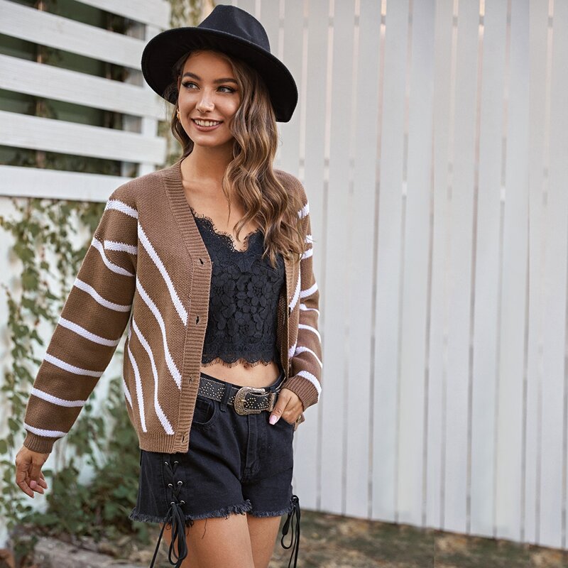 

Striped Drop Shoulder Button Front Cardigan, Brown