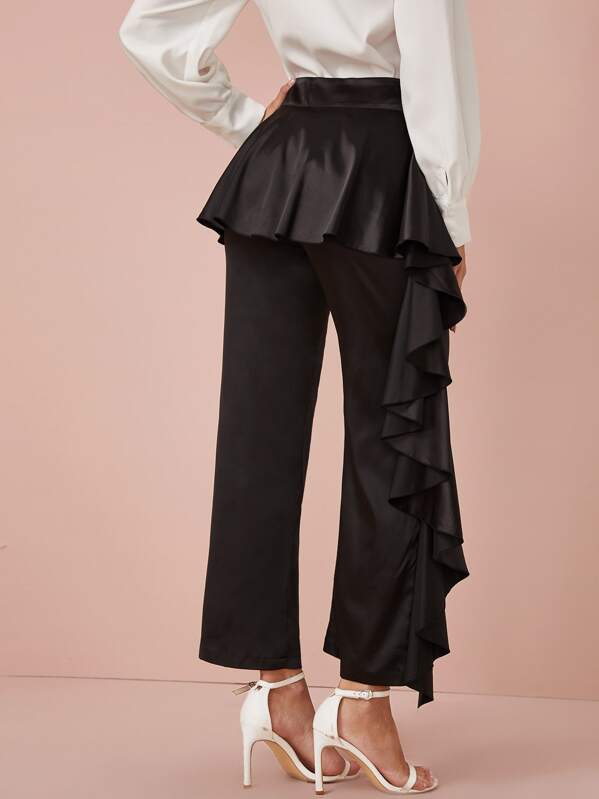 

Wide Waist Exaggerated Ruffle Straight Leg Pants, Black, Gabe