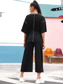 Seusyu Contrast Stitch Top and Wide Leg Pants Set - Black - View 2