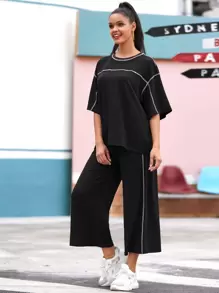 Seusyu Contrast Stitch Top and Wide Leg Pants Set - Black - View 1