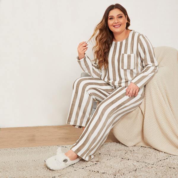 

Plus Two Tone Striped Patch Pocket Flannel Top & Pants PJ Set, Khaki