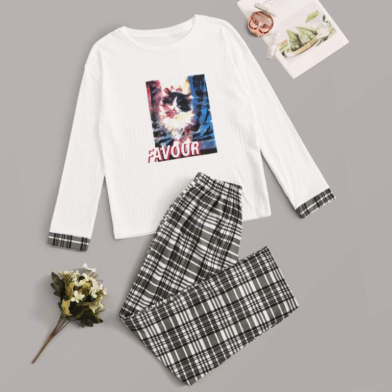 

Cat Print Top With Plaid Pants PJ Set, Multicolor