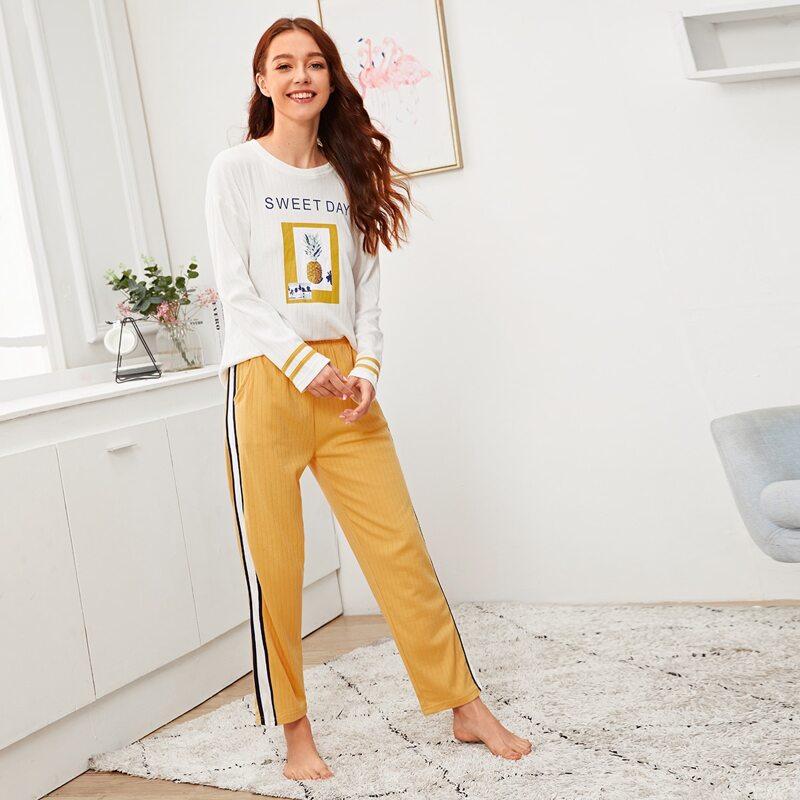 

Pineapple & Letter Print Pajama Set, Multicolor