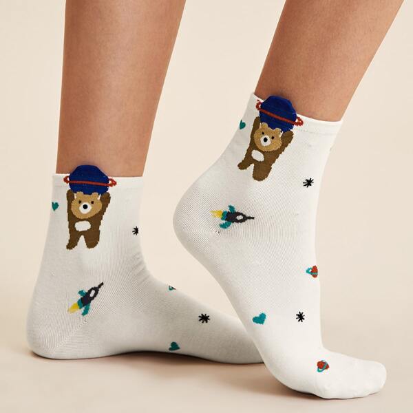 

1pair Bear & Planet Pattern Socks, Multicolor