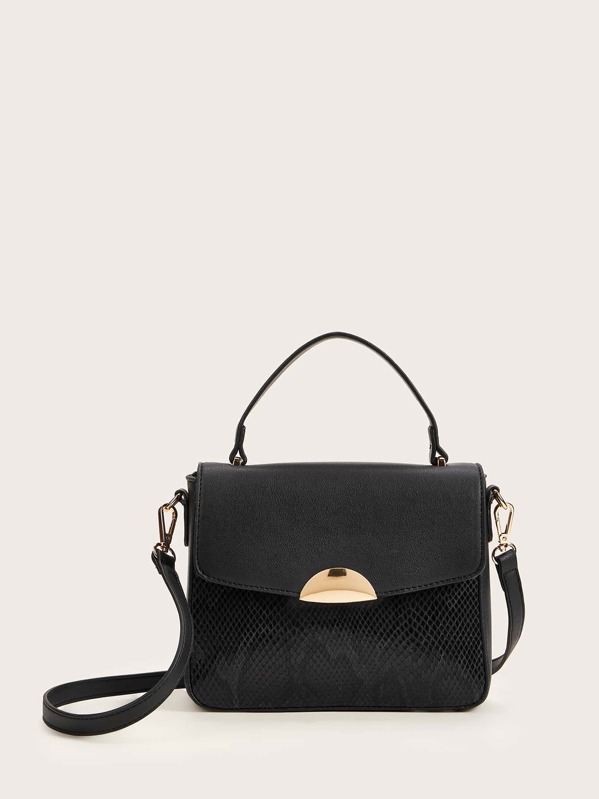 

Snakeskin Embossed Flap Satchel Bag, Black