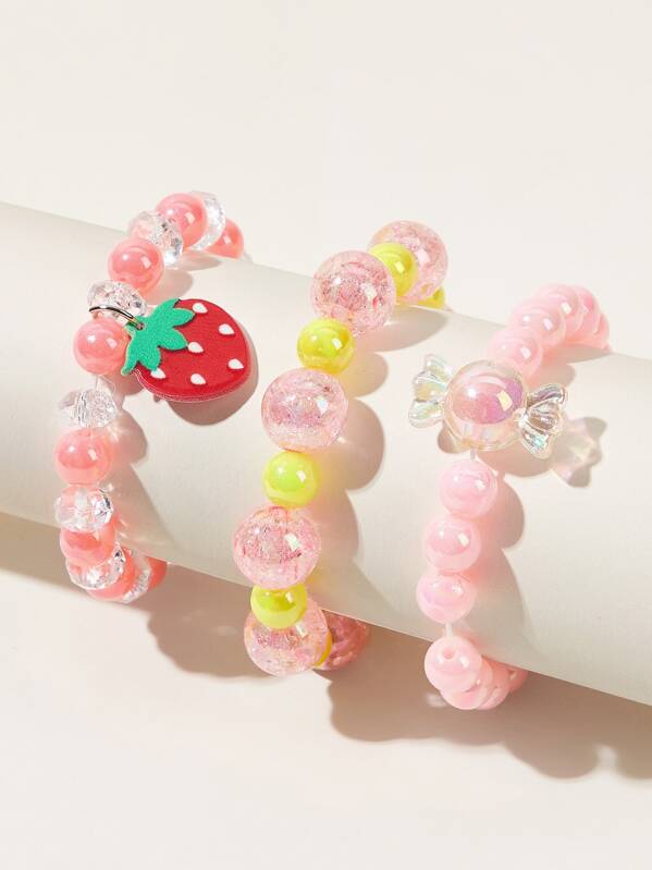 

3pcs Kids Strawberry Charm Beaded Bracelet, Multicolor