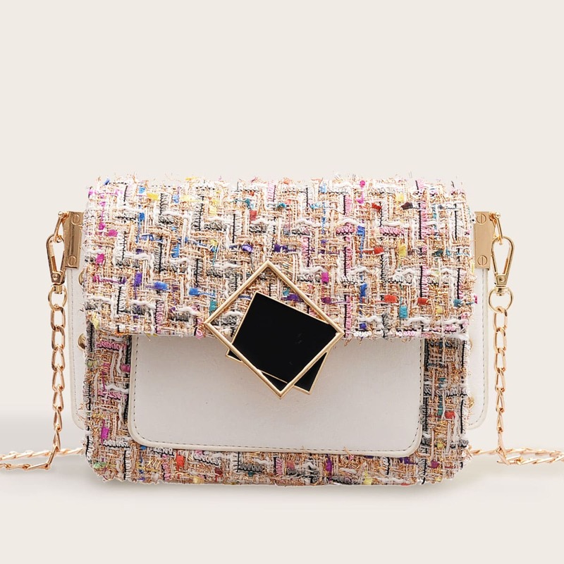 

Geometric Decor Tweed Chain Crossbody Bag, Pink