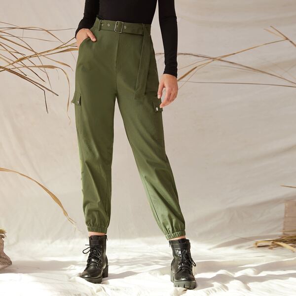 

Solid Belted Flap Pocket Cargo Pants, Army green