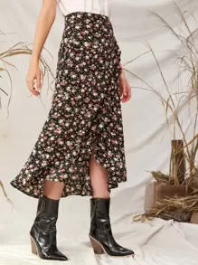 SHEIN Unity 小碎花花卉圖案不對稱下擺半身裙