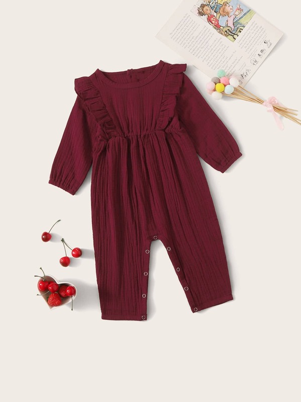

Baby Girl Ruffle Trim Wrinkled Popper Jumpsuit, Burgundy