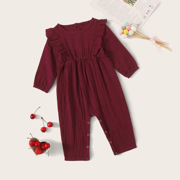 

Baby Girl Ruffle Trim Wrinkled Popper Jumpsuit, Burgundy