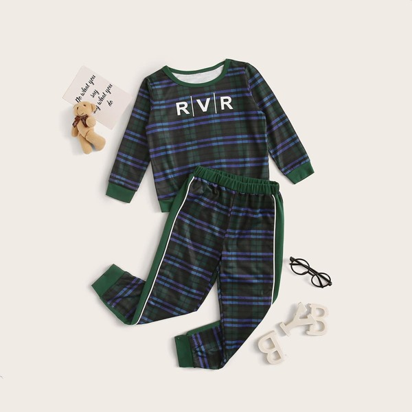 

Toddler Boys Letter And Plaid Print Sweatshirt With Joggers, Green