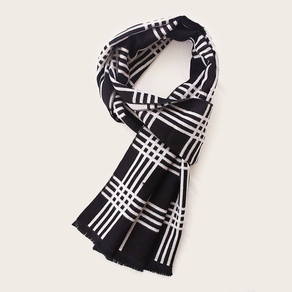

Men Plaid Pattern Raw Hem Scarf, Black and white