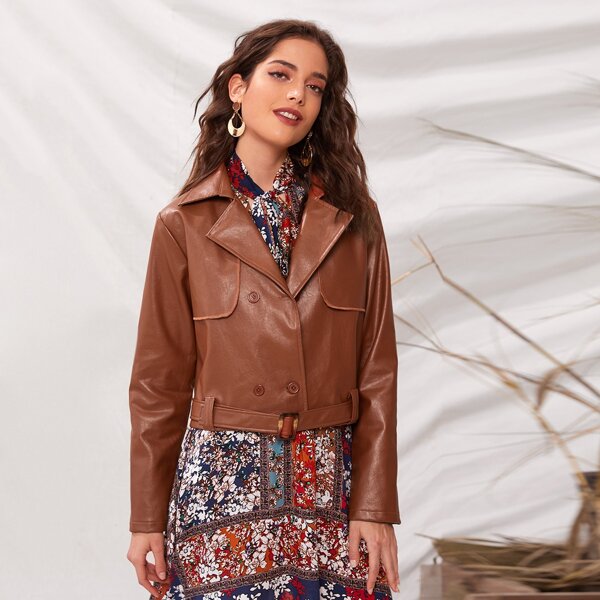 

Double Breasted Faux Leather Belted Jacket, Brown