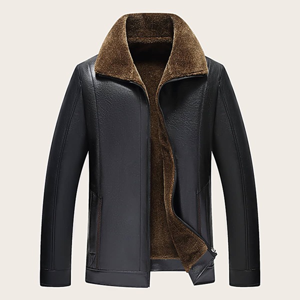 

Men Fleece Lined Zip-up Pu Leather Jacket, Black