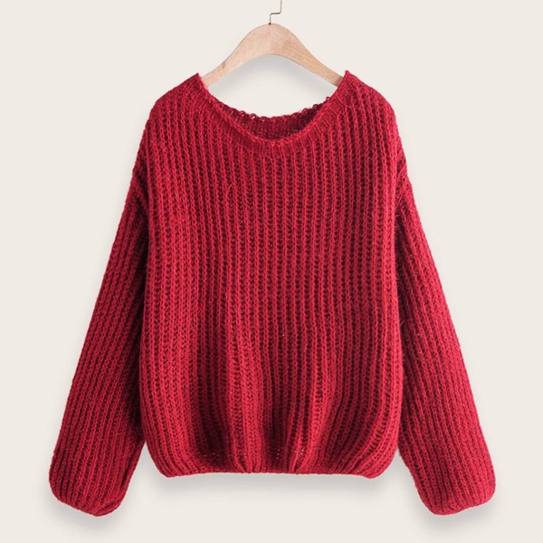 

Ribbed Knit Drop Shoulder Sweater, Red