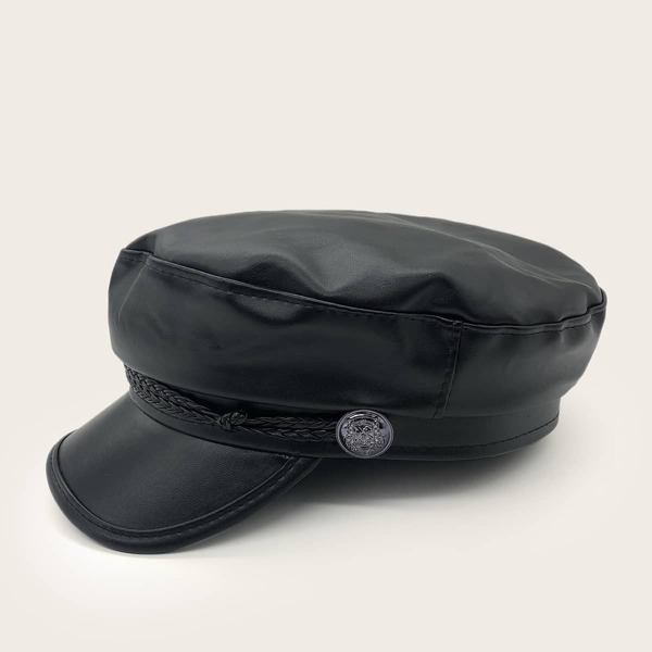 

Men Braided Rope Decor PU Baker Boy Hat, Black