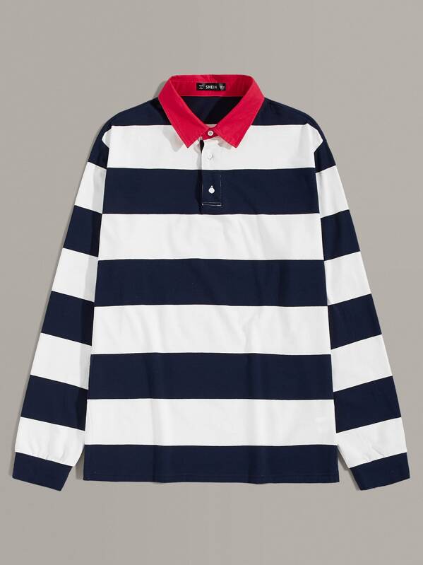 

Men Contrast Collar Striped Colorblock Polo Shirt, Multicolor