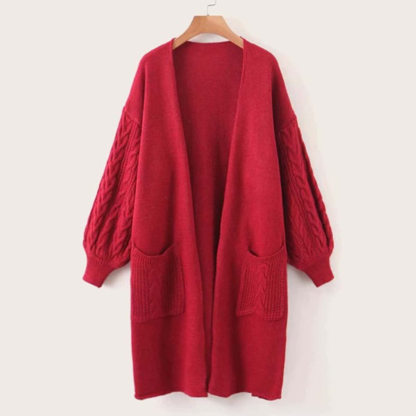 

Cable Knit Dual Pocket Open Front Cardigan, Red