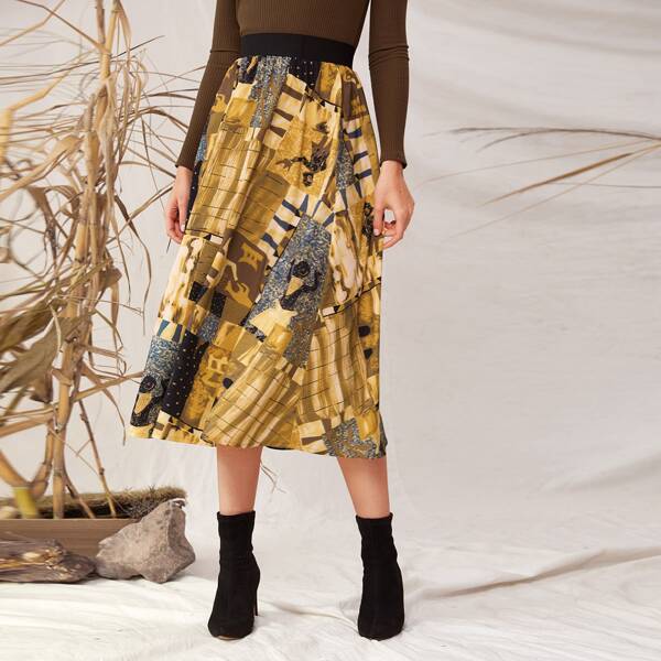 

Patchwork Tribal Print Elastic Waist Skirt, Multicolor