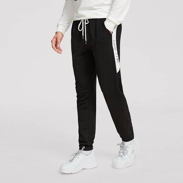 

Men Slogan Graphic Slant Pocket Sweatpants, Black