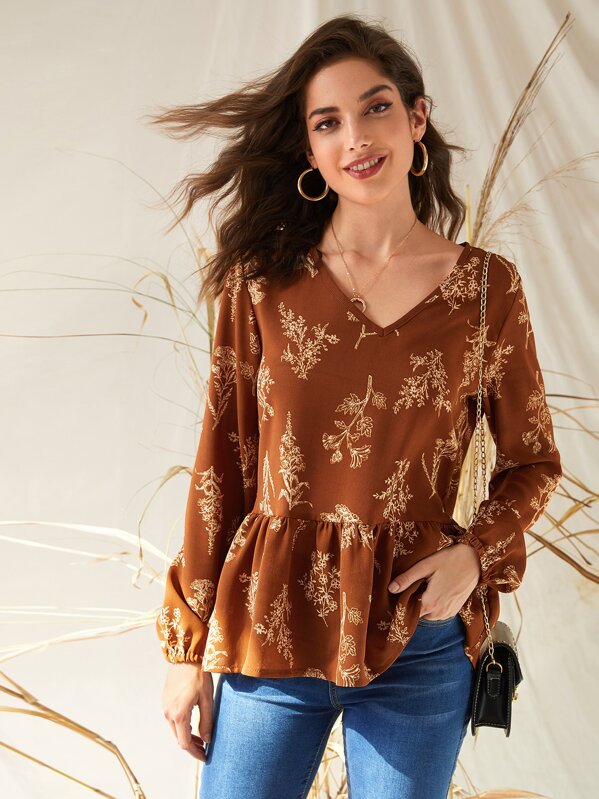 

Plants Print V-Neck Babydoll Blouse, Brown, Dayannne