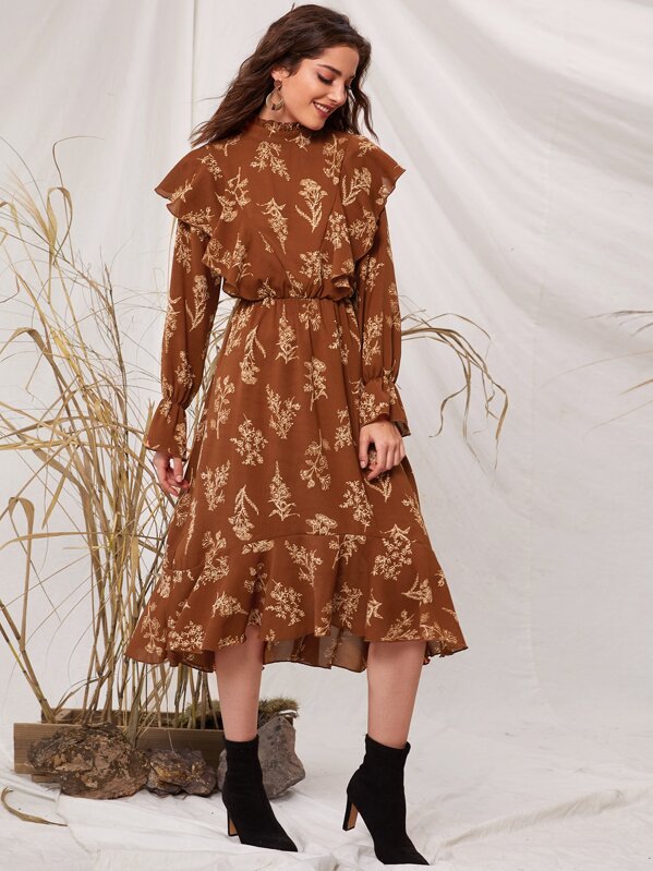 

Plants Print Ruffle Trim Dress, Brown, Dayannne