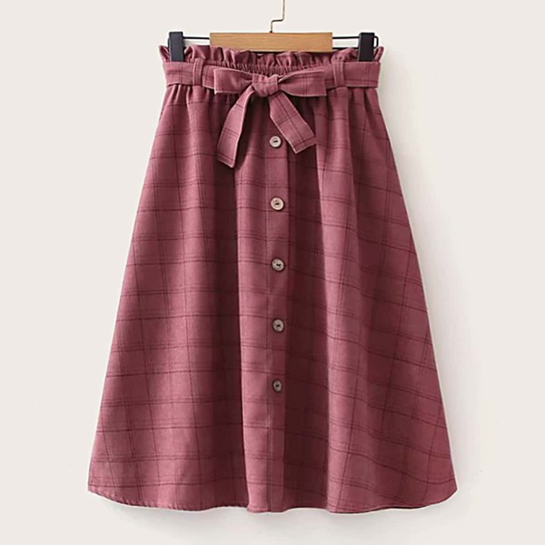 

Plaid Print Paperbag Waist Belted Skirt, Pink