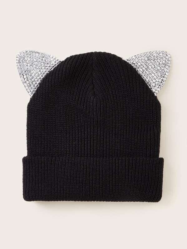 

Rhinestone Engraved Ear Decor Knit Beanie, Black