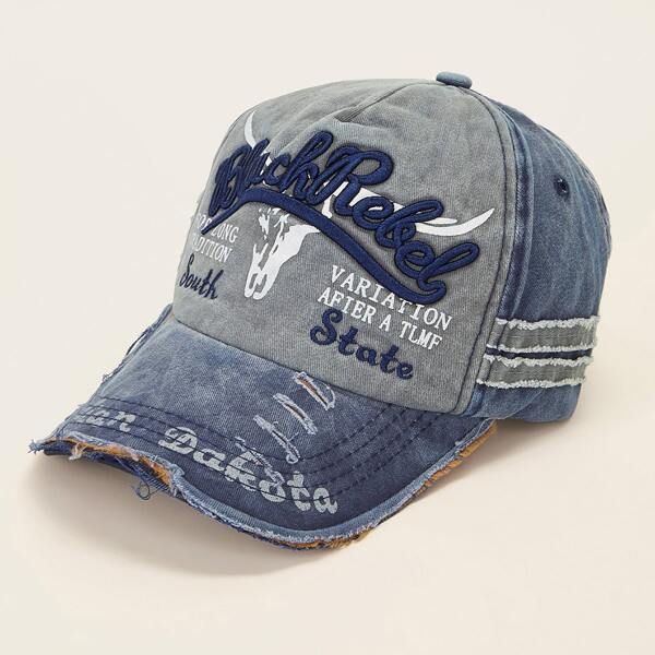 

Men Slogan Embroidery Raw Hem Baseball Cap, Blue