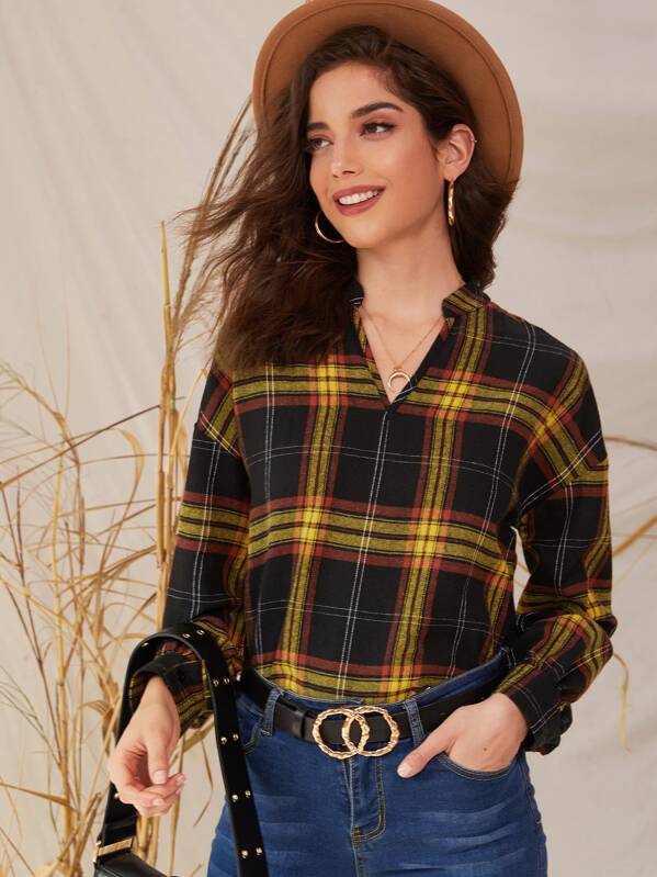 

Notch Collar Plaid Drop Shoulder Blouse, Multicolor, Dayannne