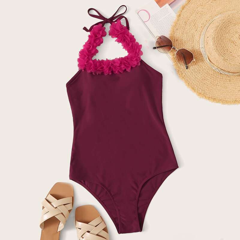 

Appliques Halter Neck One Piece Swimsuit, Burgundy