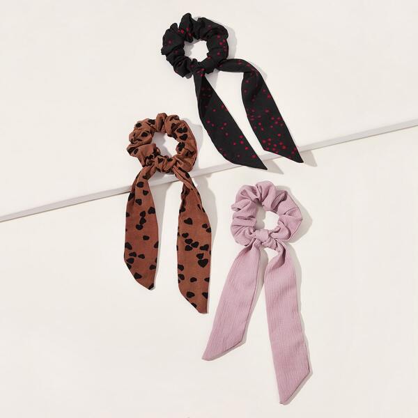 

3pcs Heart & Polka Dot Pattern Scrunchie Scarf, Multicolor