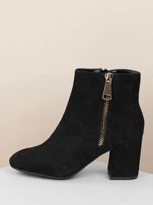 Almond Toe Zipper Detail Chunky Heel Booties - Black - View 1