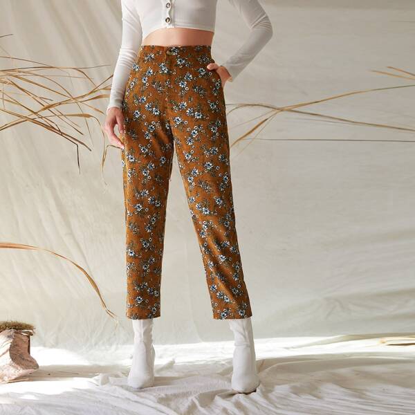 

Floral Print Crop Corduroy Pants, Multicolor