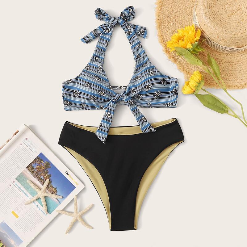

Floral & Striped Top With High Cut Bikini Set, Multicolor