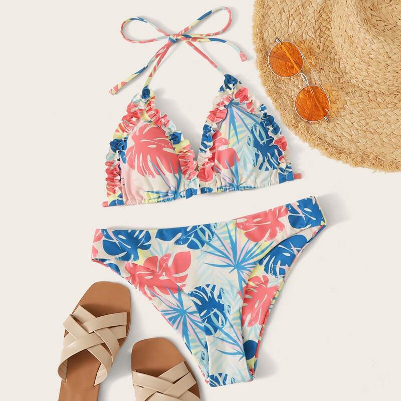 

Ruffle Tropical Print Halter Bikini Set, Multicolor