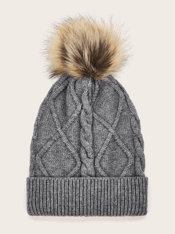 

Pom Pom Decor Braided Knit Beanie, Grey