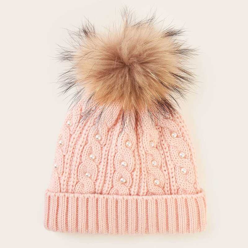 

Faux Pearl Decor Braided Knit Beanie, Pink