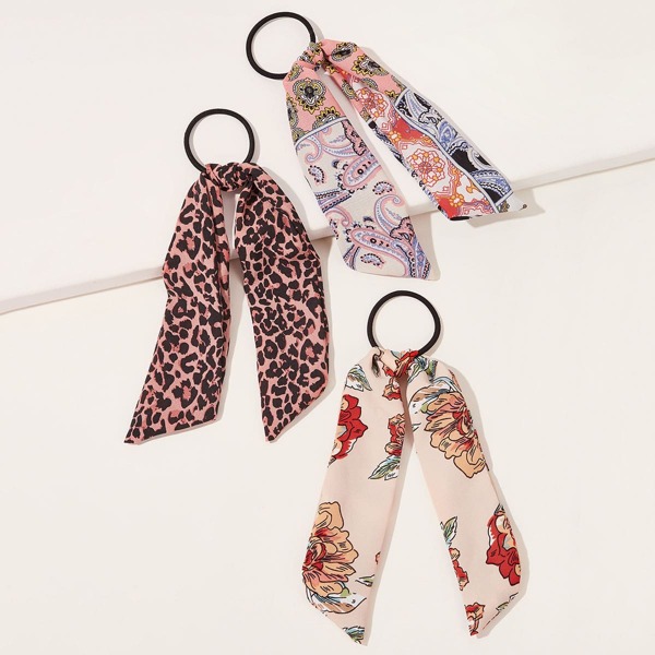 

3pcs Leopard & Ditsy Floral Pattern Scrunchie Scarf, Multicolor