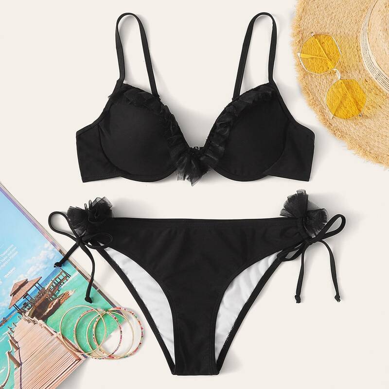 

Contrast Mesh Spaghetti Strap Bikini Set, Black