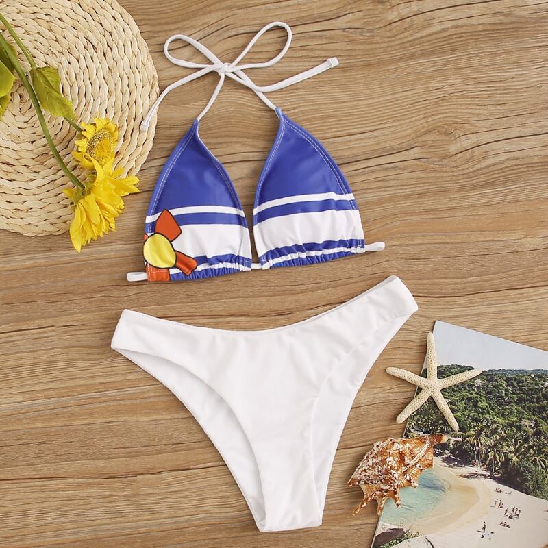 

Colorblock Top With High Cut Bikini Set, Multicolor