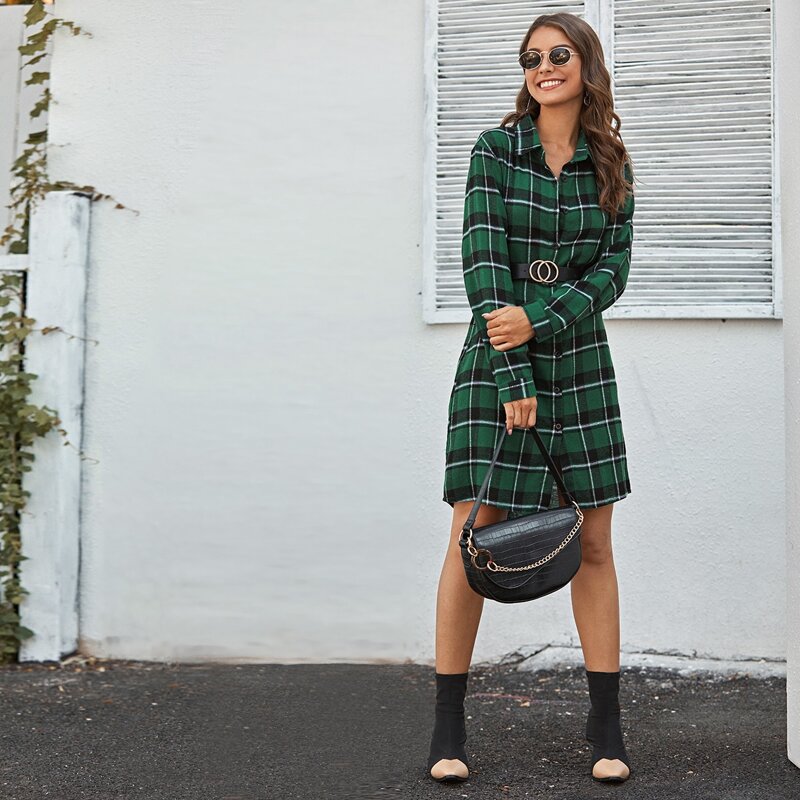 

Button Through Plaid Shirt Dress Without Belt, Green