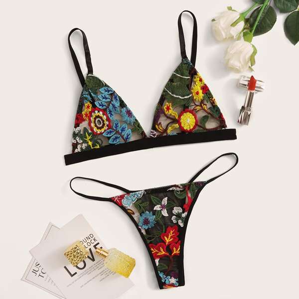 

Floral Embroidery Sheer Mesh Lingerie Set, Multicolor