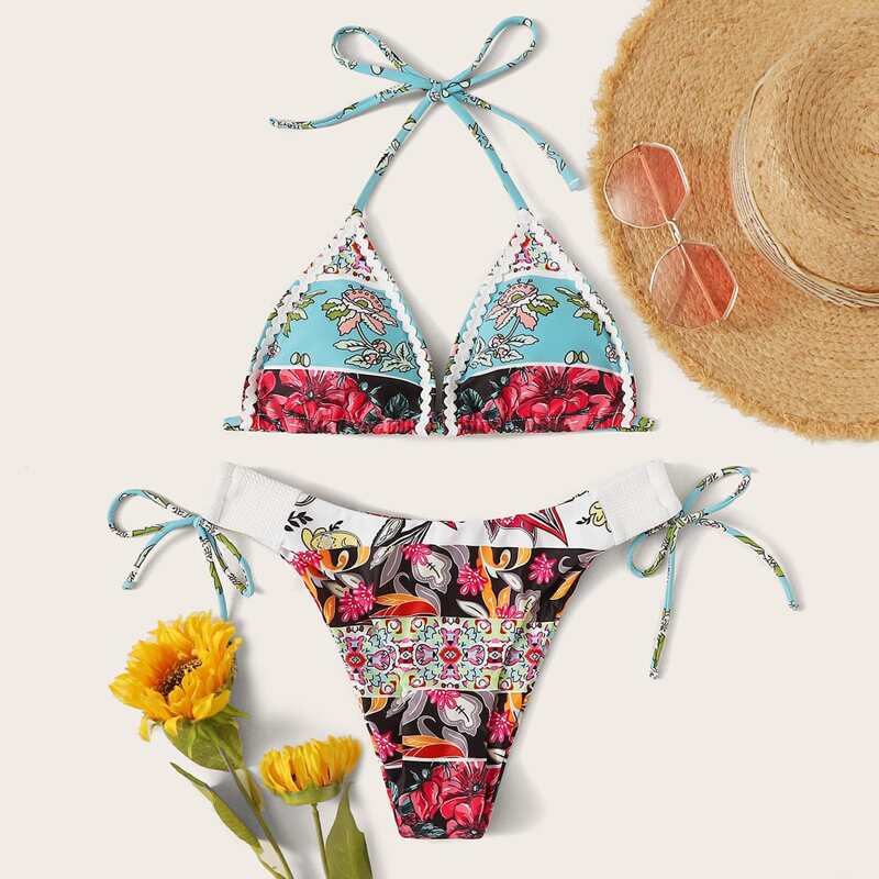 

Flower Print Patchwork Halter Bikini Set, Multicolor