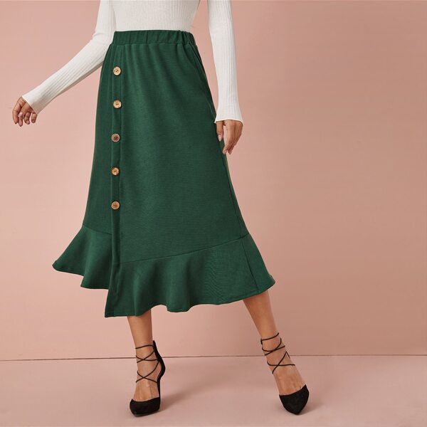 

Button Detail Asymmetrical Ruffle Hem Skirt, Green