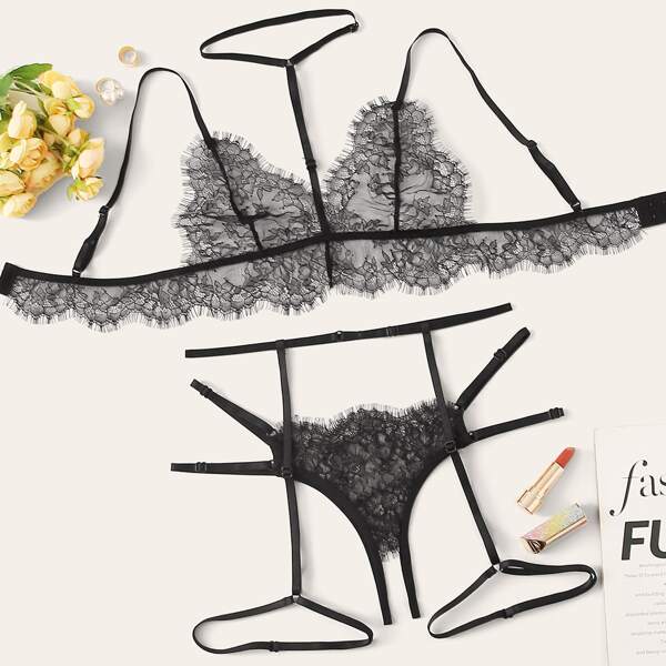 

Floral Lace Crotchless Garter Lingerie Set With Choker, Black