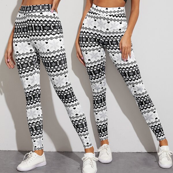 

Random Geo Print Elastic Waist Leggings 1 Pair, Black and white