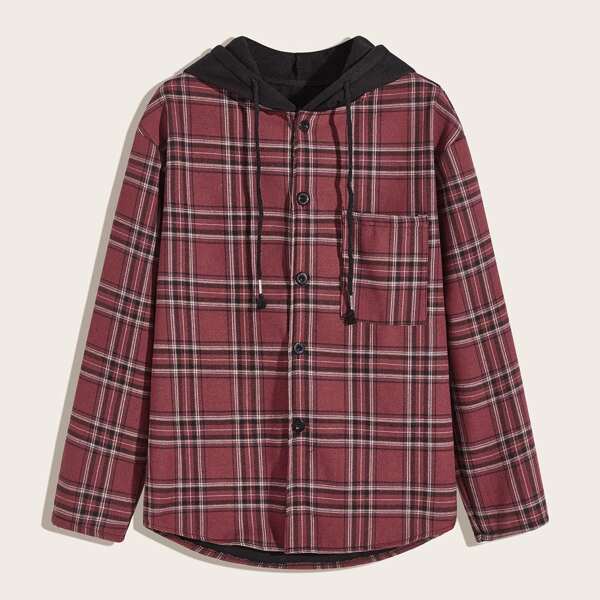 

Men Contrast Plaid Hooded Flannel Shacket, Red