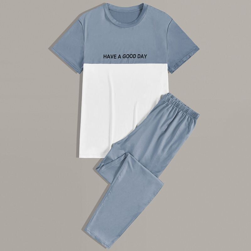 

Guys Two Tone Slogan Graphic Tee & Pants PJ Sets, Multicolor